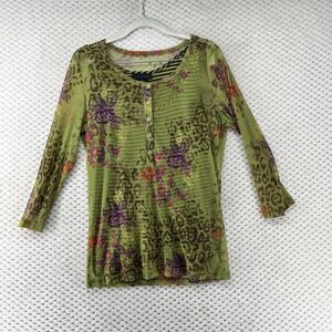 Y2K Dolcetti Floral Leopard Print Button Down Top Green Sheer Long‎ Sleeve Shirt
